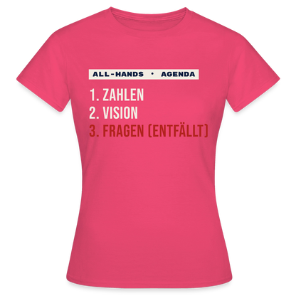 All-Hands-Agenda: 1 Zahlen, 2 Vision, 3 Fragen (entfällt) Motiv-T-Shirt für Frauen, Farbe Azalea