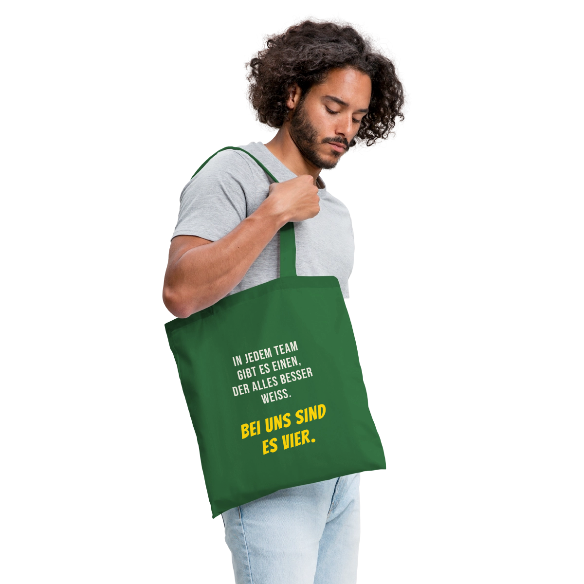 "In jedem Team gibt es einen, der alles besser weiß. Bei uns sind es vier." Stoffbeutel, Farbe Fichte