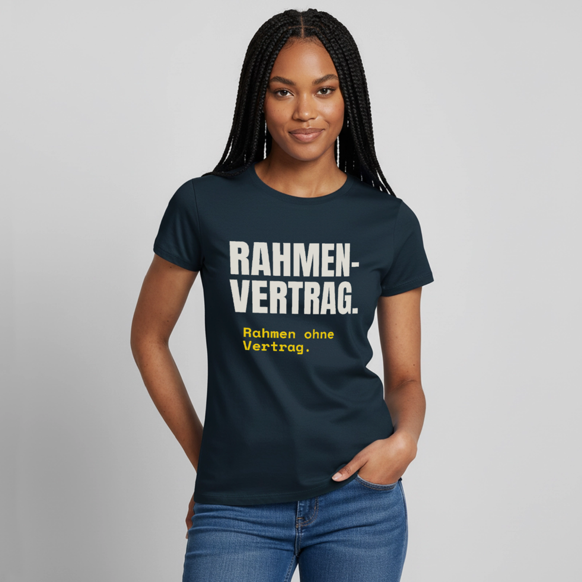 "Rahmenvertrag. Rahmen ohne Vertrag." Motiv-T-Shirt für Frauen, Farbe Navy