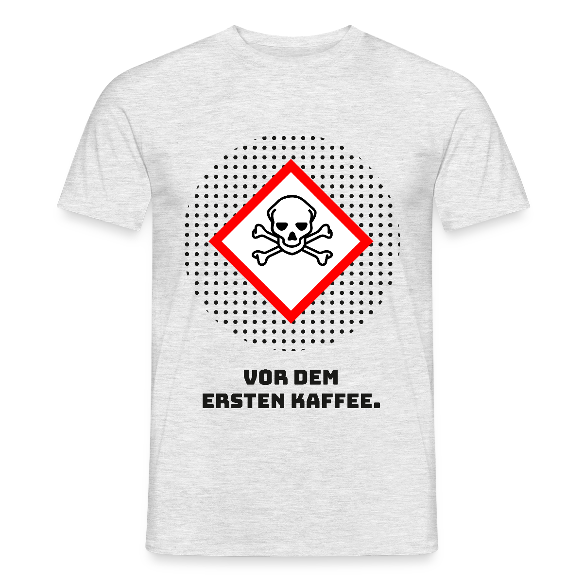 Vor dem ersten Kaffee. Gefahrzeichen-Motiv Motiv-T-Shirt für Männer, Farbe Grau meliert, Model