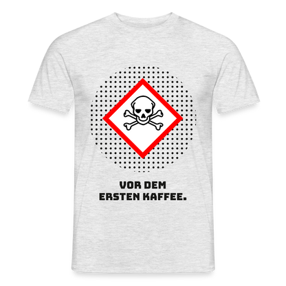 Vor dem ersten Kaffee. Gefahrzeichen-Motiv Motiv-T-Shirt für Männer, Farbe Grau meliert, Model