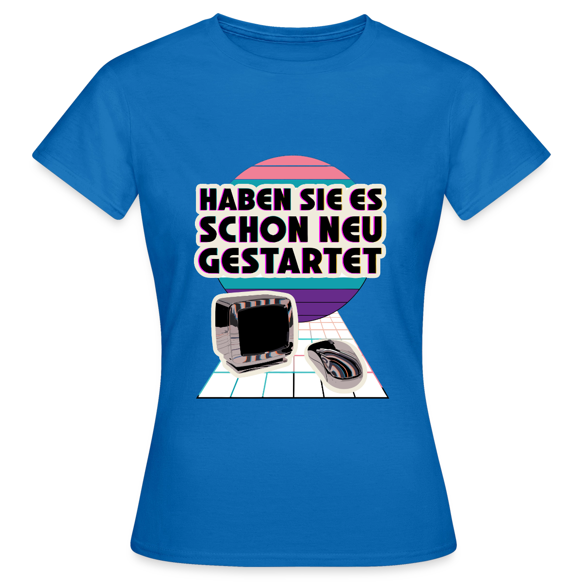Haben Sie es schon neu gestartet? Vaporwave-Motiv Motiv-T-Shirt für Frauen, Farbe Royalblau