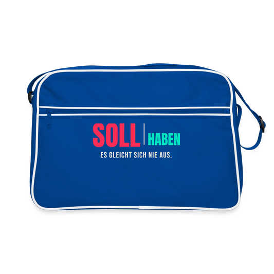 "Soll und Haben. Es gleicht sich nie aus." Motiv-Retro-Tasche, Farbe Blau/Weiß