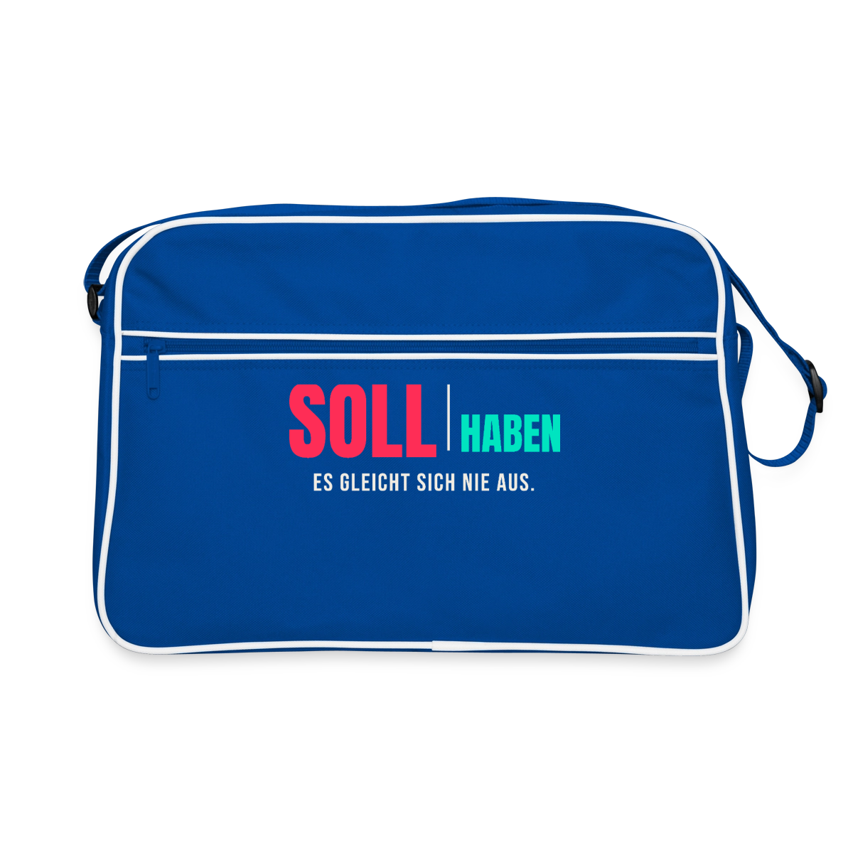 "Soll und Haben. Es gleicht sich nie aus." Motiv-Retro-Tasche, Farbe Blau/Weiß