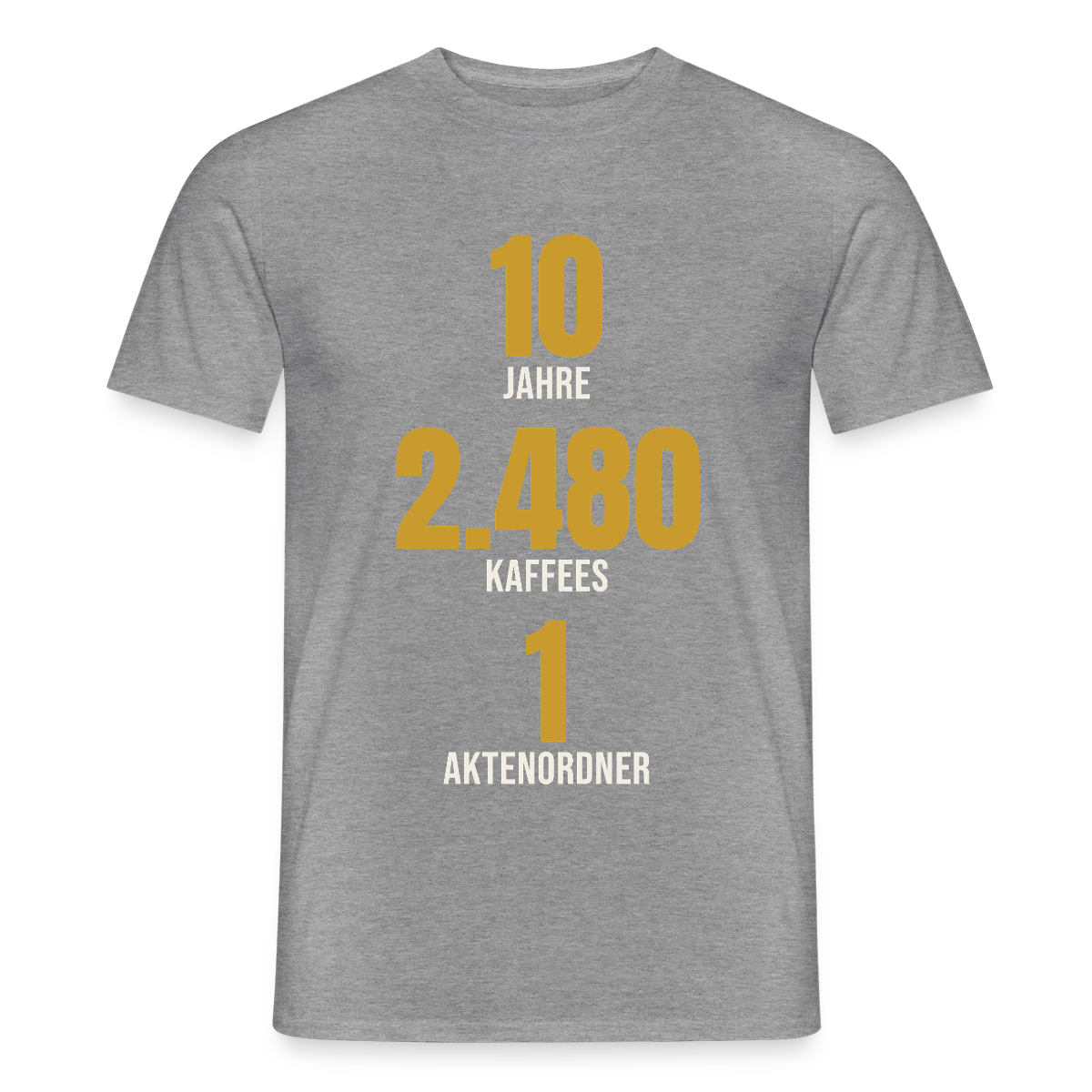 "10 Jahre, 2.480 Kaffees, 1 Aktenordner" Motiv-T-Shirt für Männer, Farbe Graphit meliert