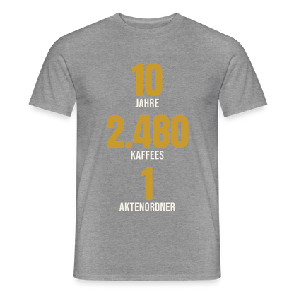 "10 Jahre, 2.480 Kaffees, 1 Aktenordner" Motiv-T-Shirt für Männer, Farbe Graphit meliert