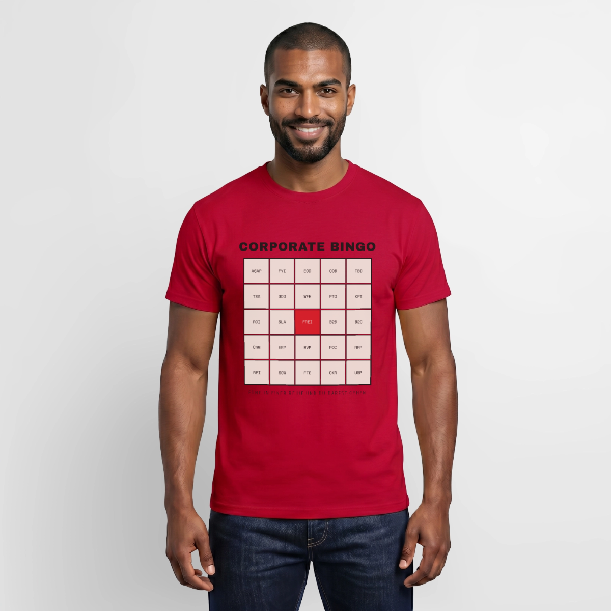 Corporate Bingo. Fünf in einer Reihe. Motiv-T-Shirt für Männer, Farbe Rot, Model