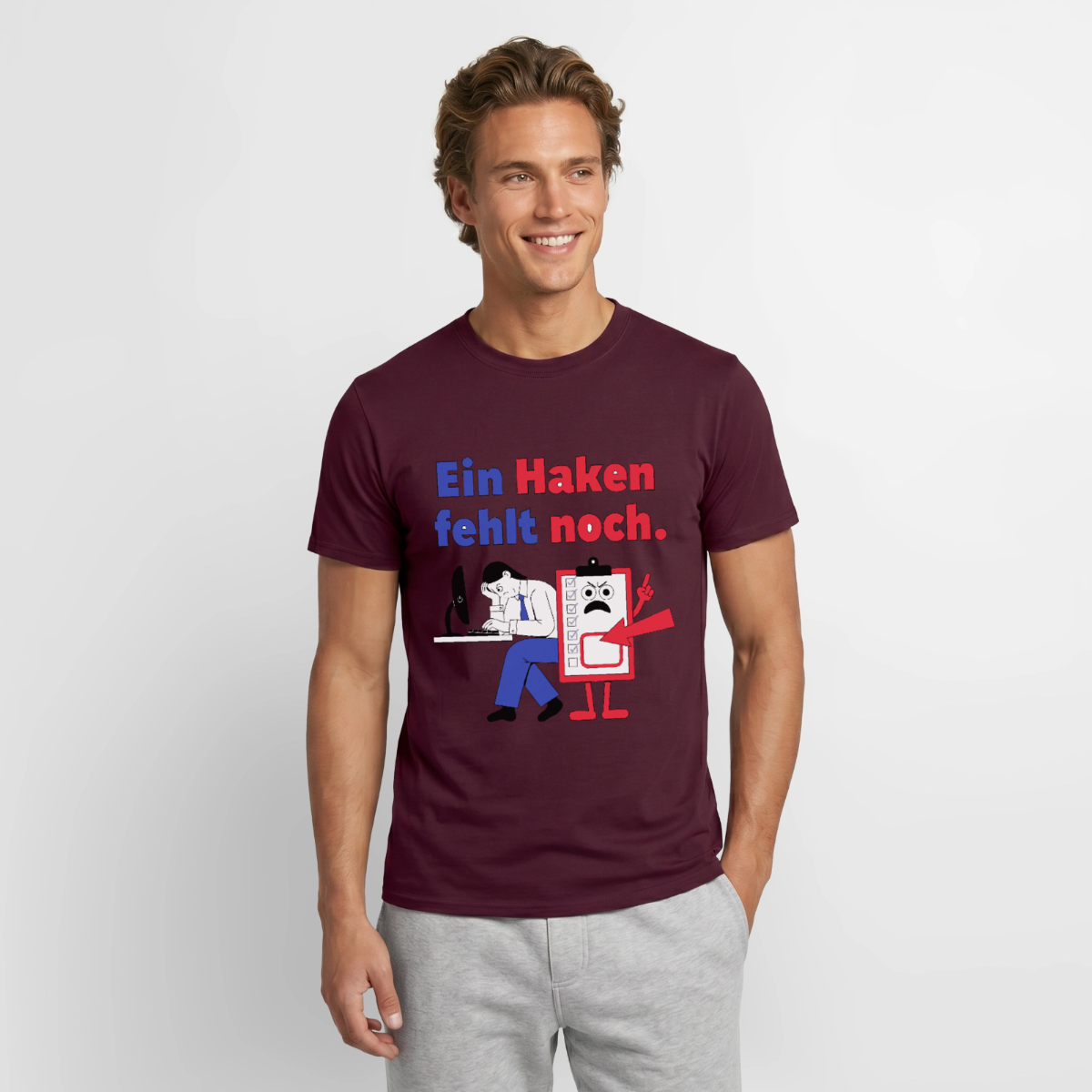 "Ein Haken fehlt noch. Klemmbrett-Motiv" Motiv-T-Shirt für Männer, Farbe Ziegelrot