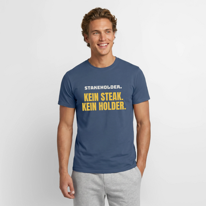"Stakeholder. Kein Steak. Kein Holder." Motiv-T-Shirt für Männer, Farbe Dunkles Denimblau