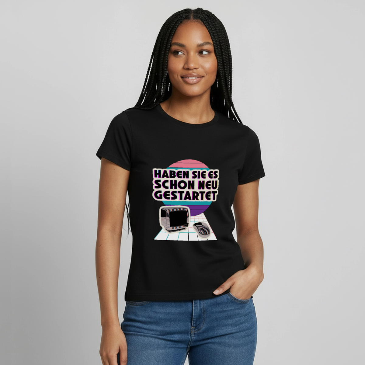 "Haben Sie es schon neu gestartet? Vaporwave-Motiv" Motiv-T-Shirt für Frauen, Farbe Schwarz, Model