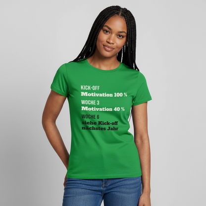 "Kick-off: Motivation 100 %. Woche 3: 40 %. Woche 6: siehe Kick-off nächstes Jahr" Motiv-T-Shirt für Frauen, Farbe Kelly Green