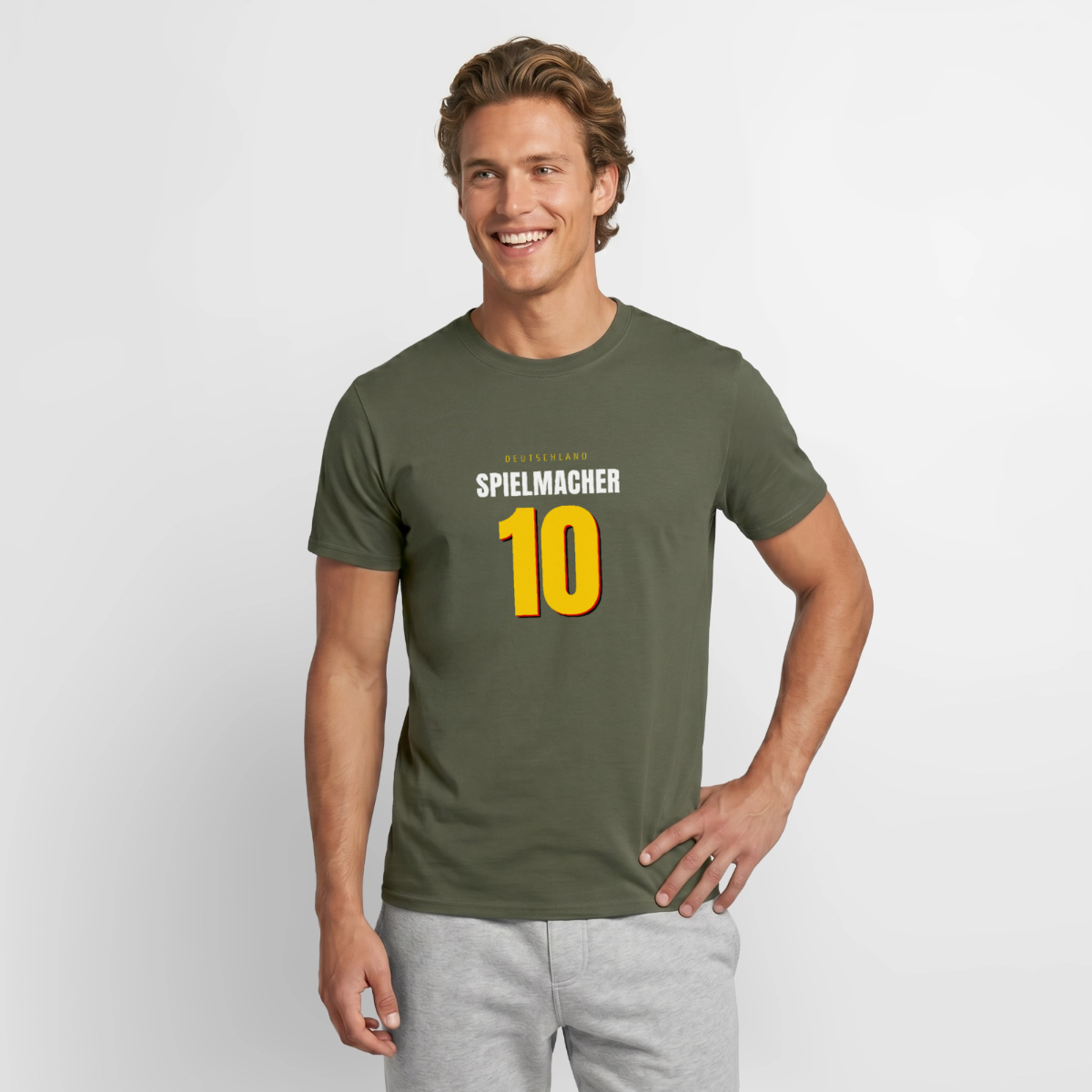 Spielmacher. Trikotnummer-Motiv Motiv-T-Shirt für Männer, Farbe Militärgrün, Model