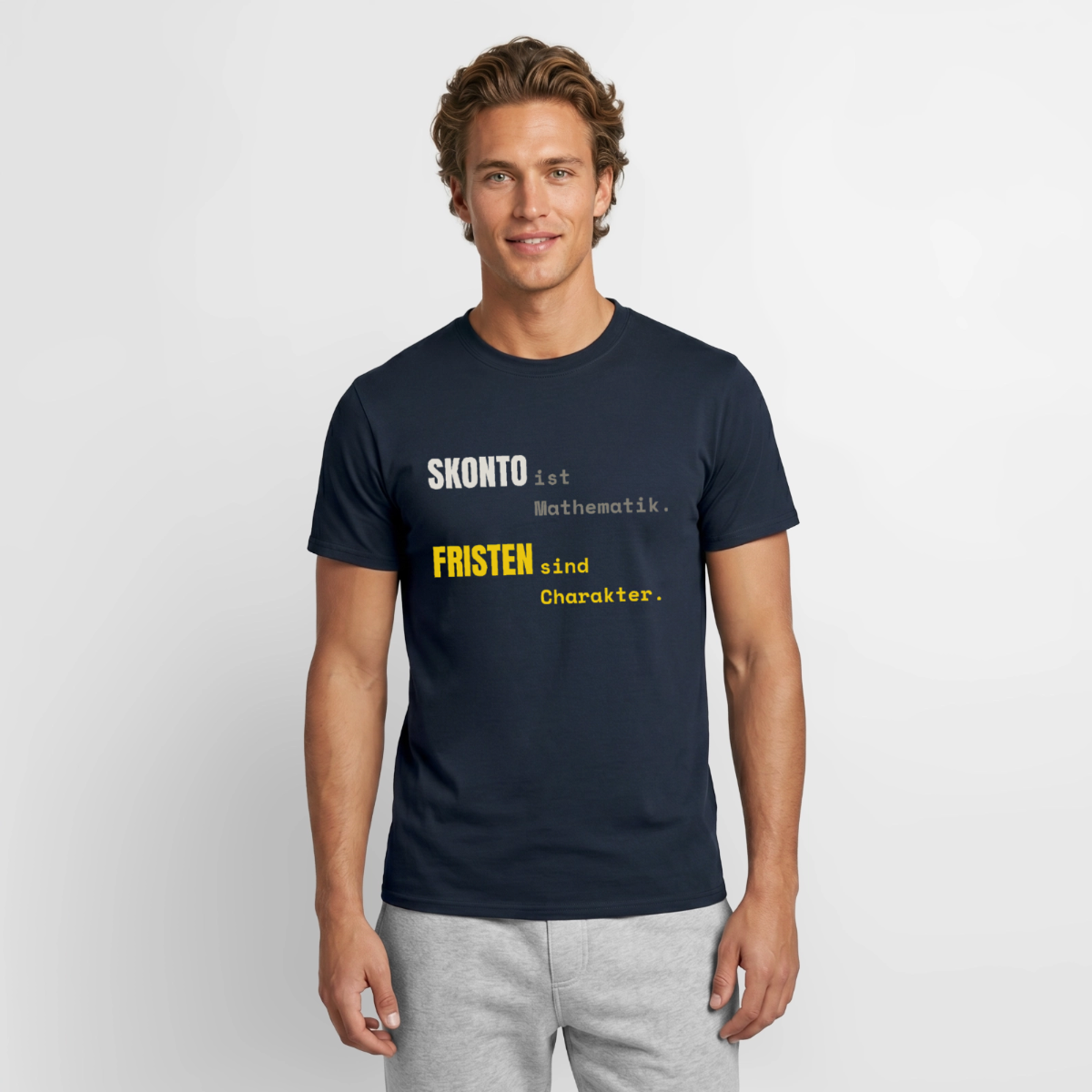 "Skonto ist Mathematik. Fristen sind Charakter." Motiv-T-Shirt für Männer, Farbe Navy