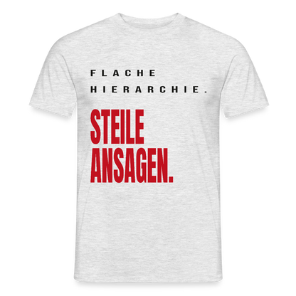 Flache Hierarchie. Steile Ansagen. Motiv-T-Shirt für Männer, Farbe Grau meliert, Model