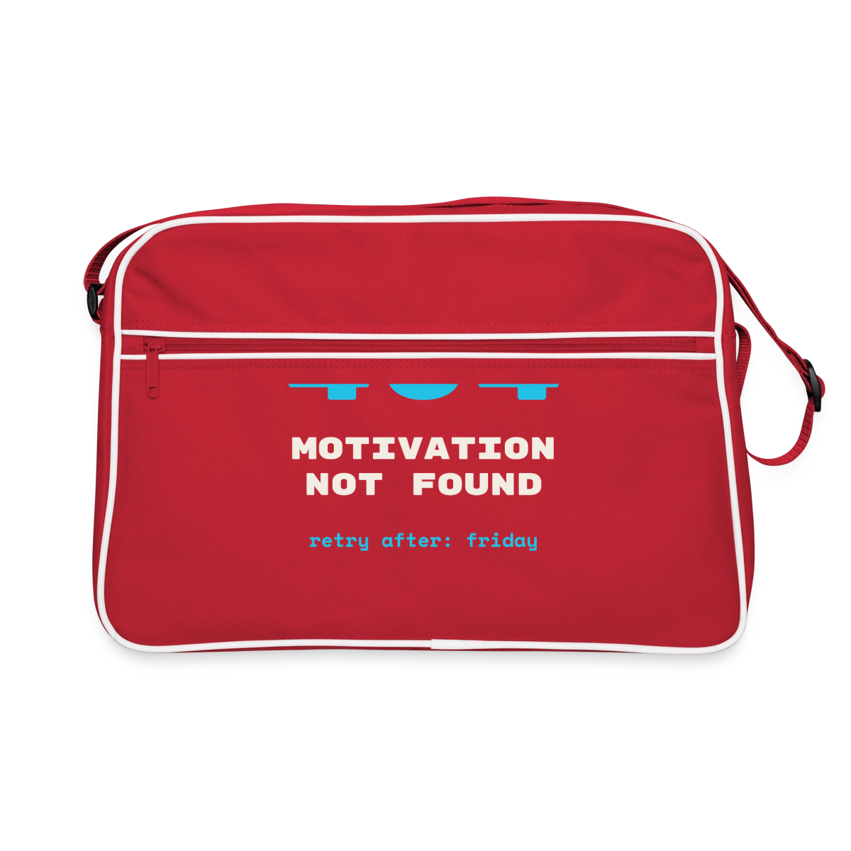 "404 Motivation not found. Retry after: friday" Motiv-Retro-Tasche, Farbe Rot/Weiß