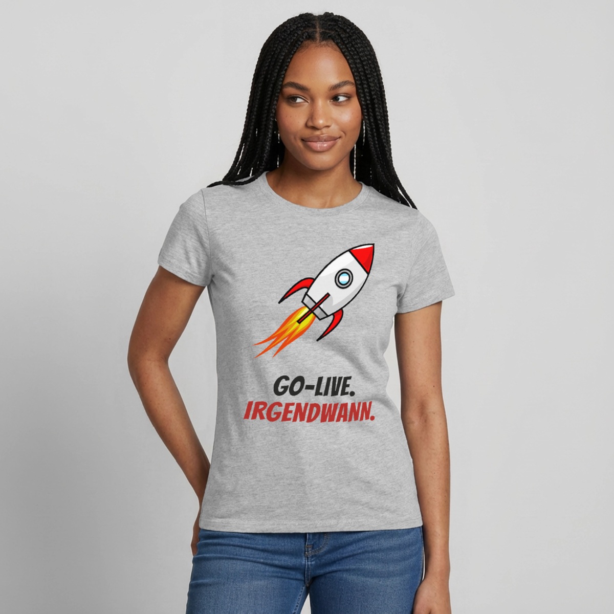 Go-Live. Irgendwann. Motiv-T-Shirt für Frauen, Farbe Grau meliert, Model