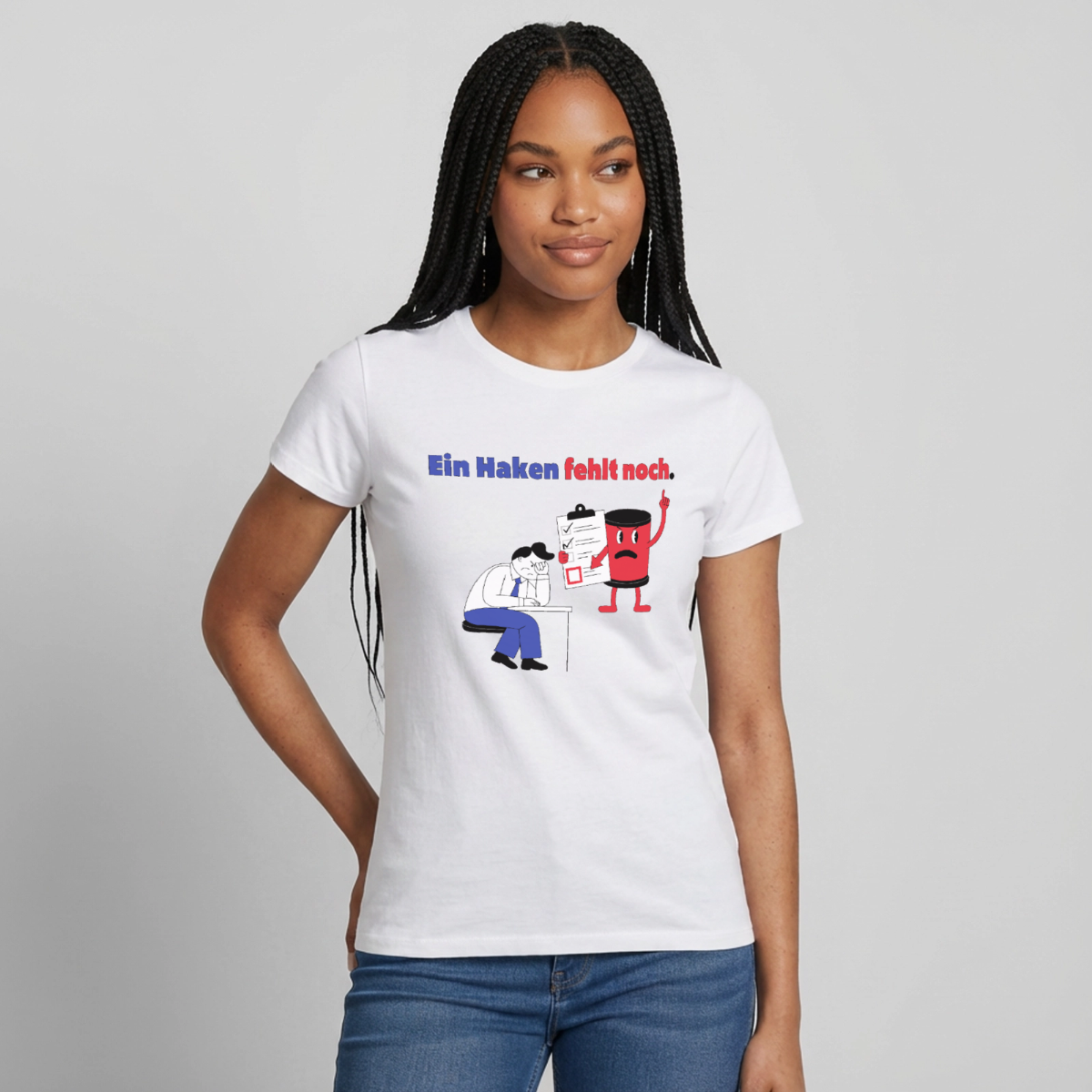 "Ein Haken fehlt noch. Comic-Motiv" Motiv-T-Shirt für Frauen, Farbe Weiß