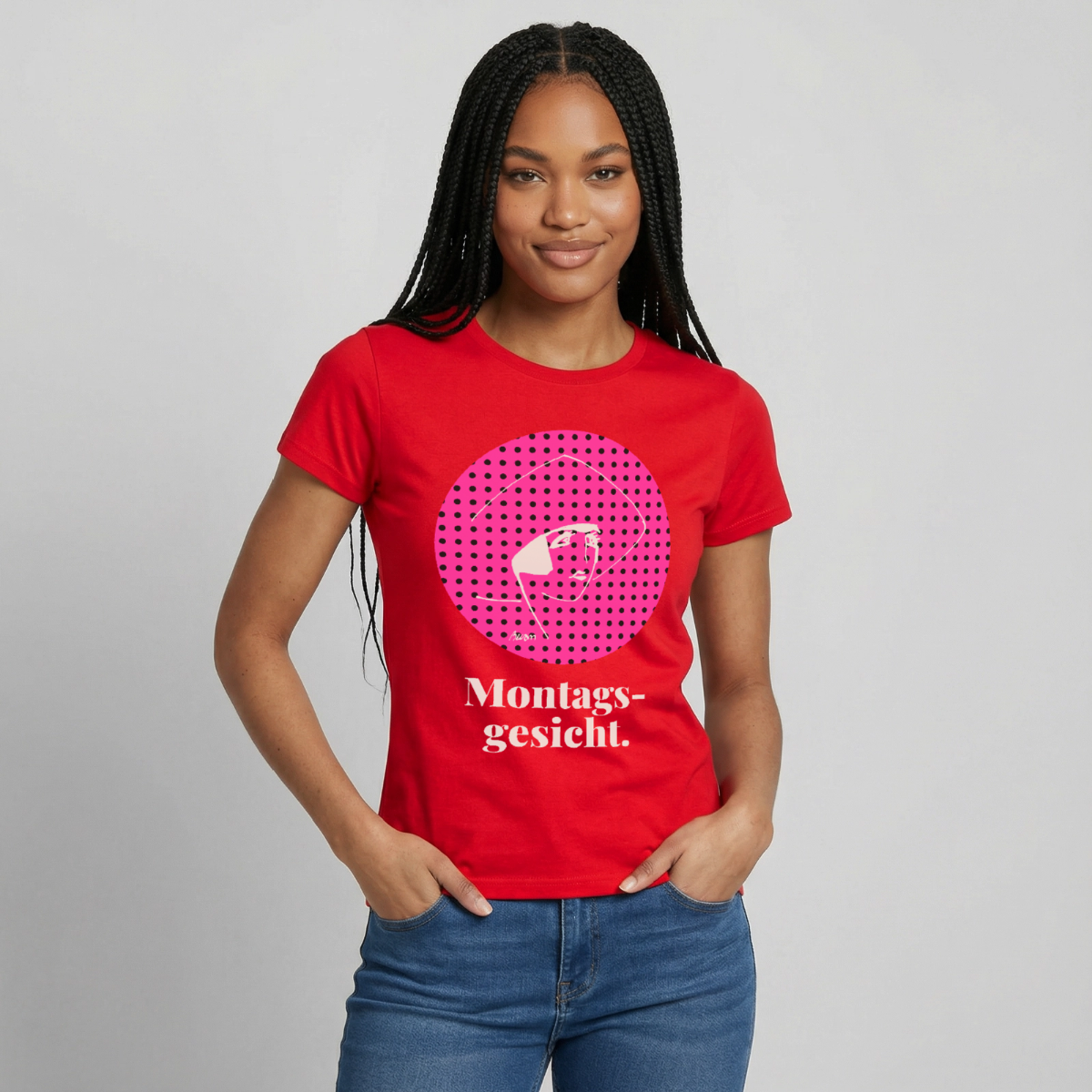 "Montagsgesicht. Art-déco-Motiv" Motiv-T-Shirt für Frauen, Farbe Rot