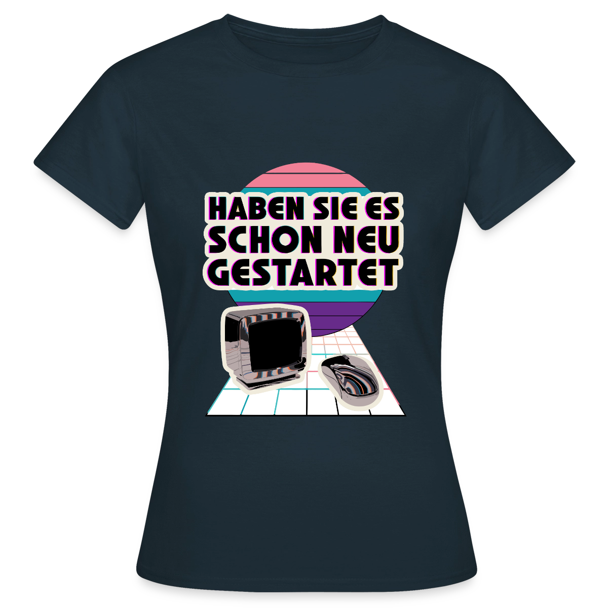 Haben Sie es schon neu gestartet? Vaporwave-Motiv Motiv-T-Shirt für Frauen, Farbe Navy