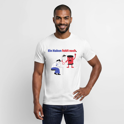 "Ein Haken fehlt noch. Comic-Motiv" Motiv-T-Shirt für Männer, Farbe Weiß