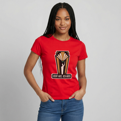"Licht aus. Ich auch. Art-déco-Motiv" Motiv-T-Shirt für Frauen, Farbe Rot