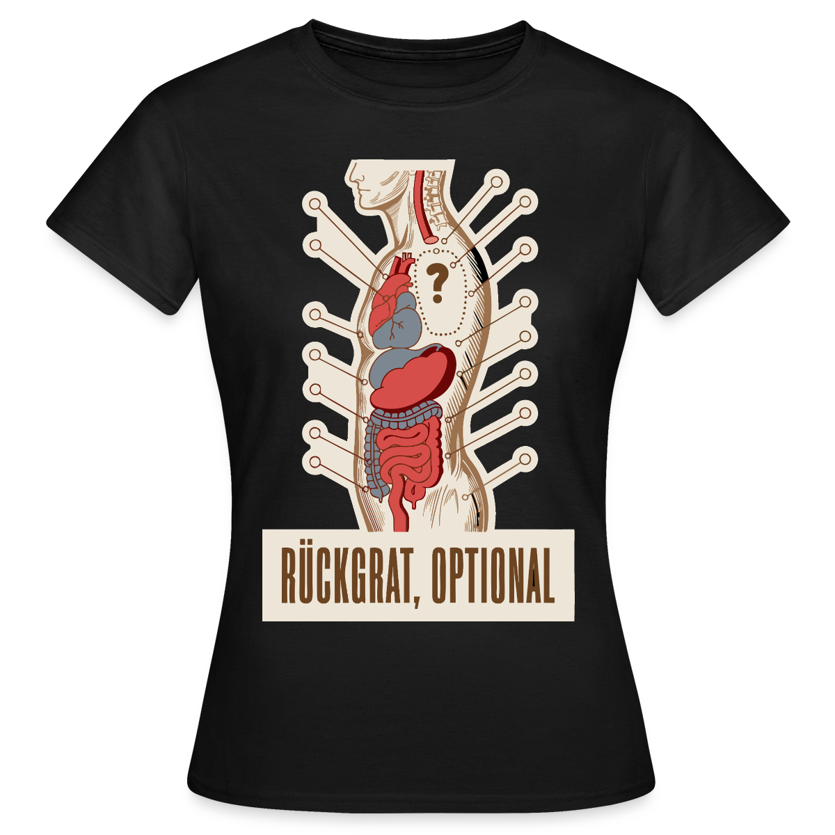 Rückgrat, optional. Anatomie-Motiv Motiv-T-Shirt für Frauen, Farbe Schwarz