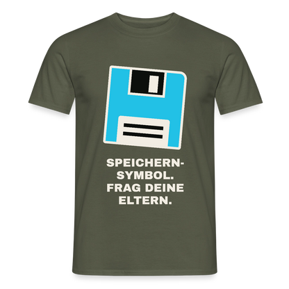Speichern-Symbol. Frag deine Eltern. Motiv-T-Shirt für Männer, Farbe Militärgrün