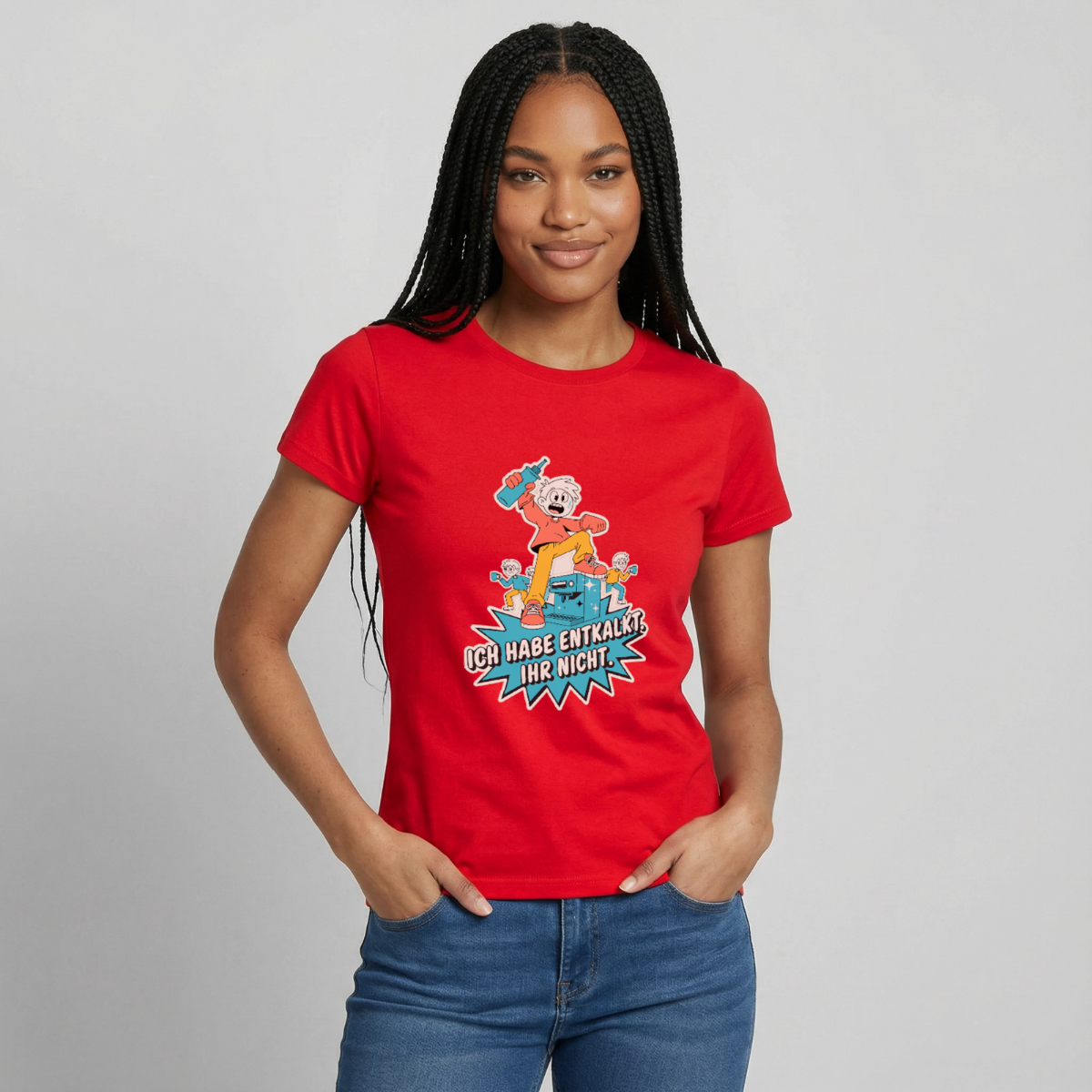 Ich habe entkalkt. Ihr nicht. Cartoon-Motiv Motiv-T-Shirt für Frauen, Farbe Rot, Model