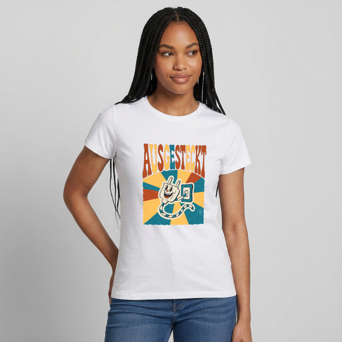 "Ausgesteckt. Midcentury-Motiv" Motiv-T-Shirt für Frauen, Farbe Weiß