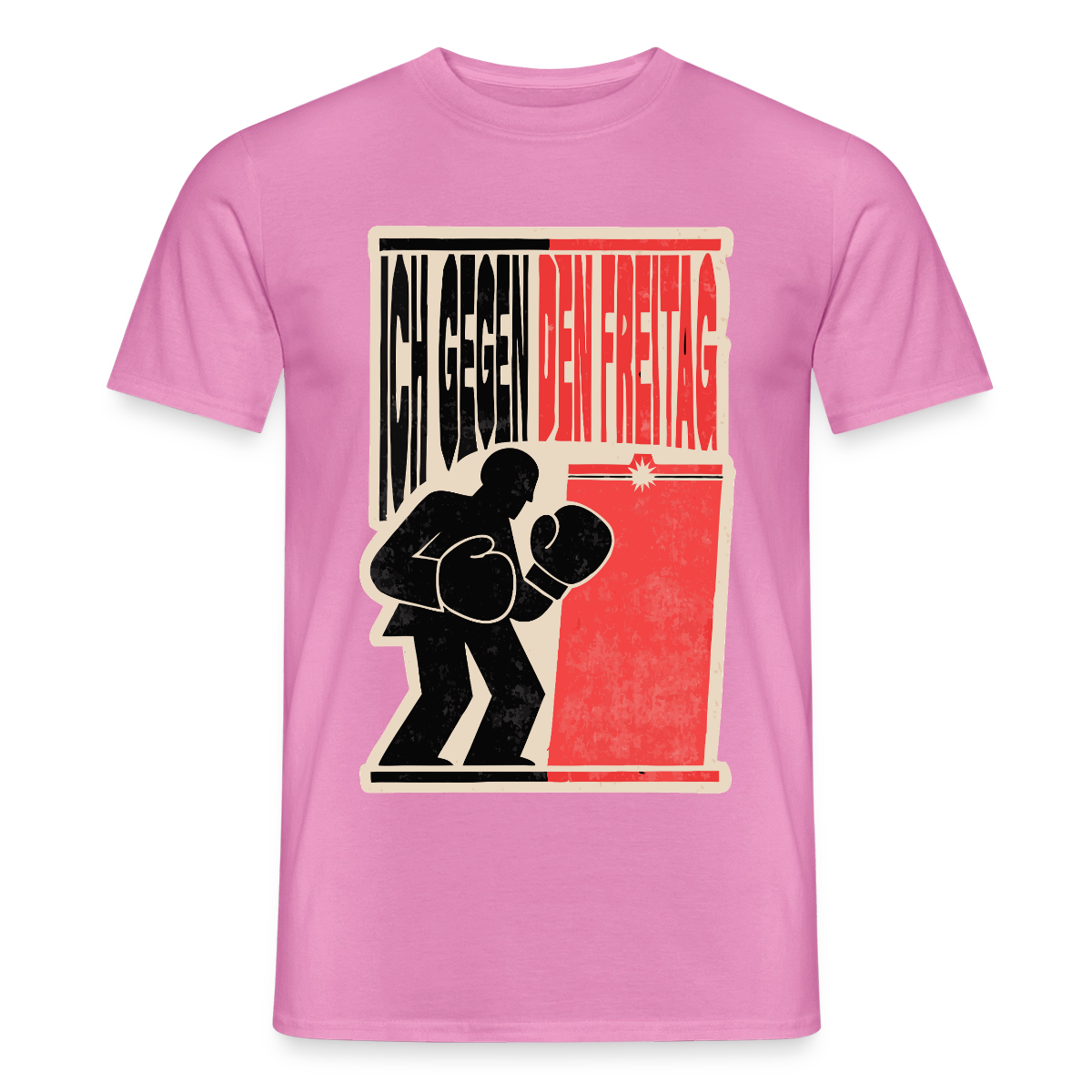 "Ich gegen den Freitag. Boxplakat-Motiv" Motiv-T-Shirt für Männer, Farbe Pink