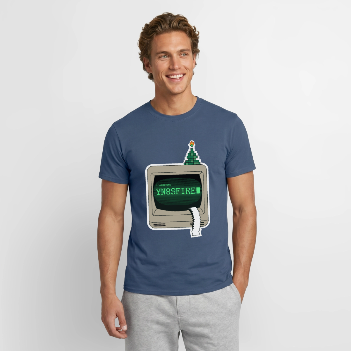 YN8SFIRE Motiv-T-Shirt für Männer, Farbe Dunkles Denimblau, Model