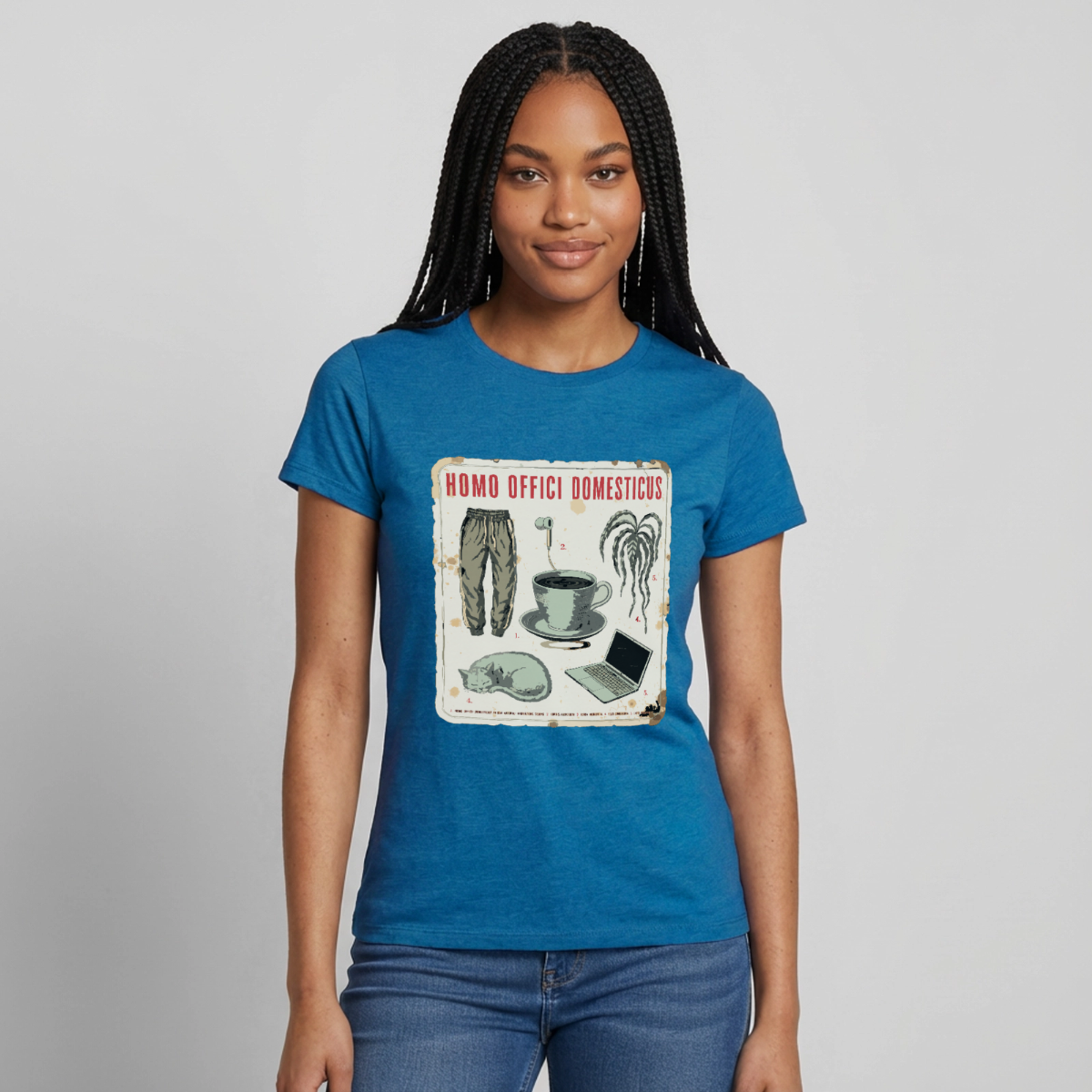 Homo Offici Domesticus Motiv-T-Shirt für Frauen, Farbe Antikblaues Saphir meliert, Model