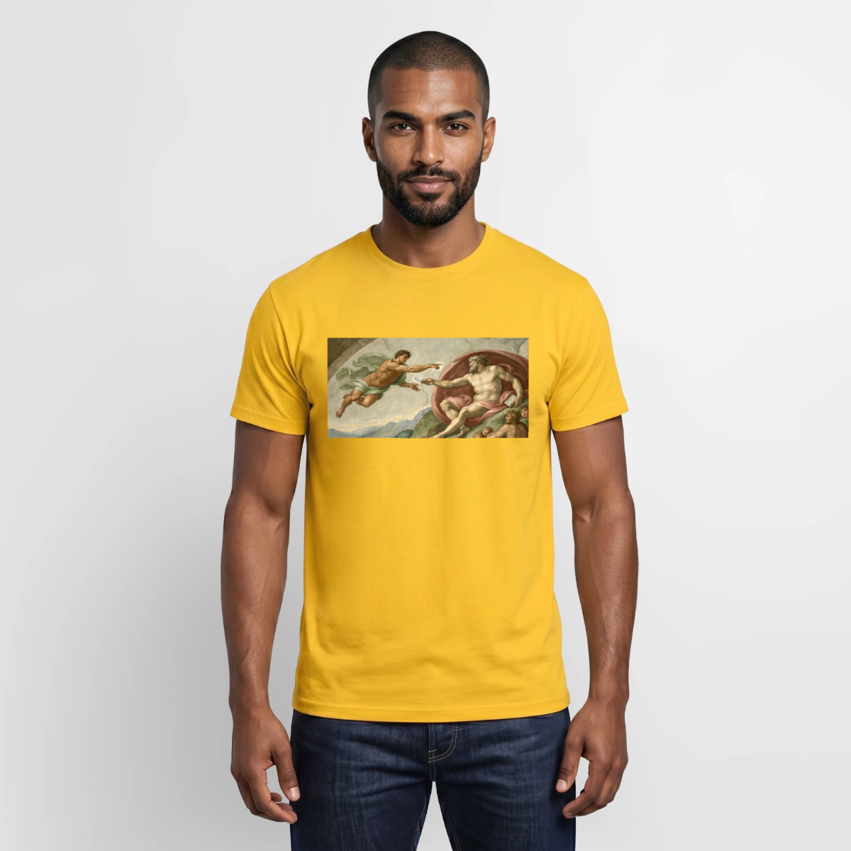 Die Schnittstelle. Renaissance-Motiv Motiv-T-Shirt für Männer, Farbe Gelb, Model