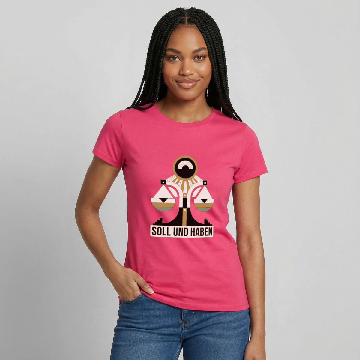 "Soll und Haben. Art-déco-Motiv" Motiv-T-Shirt für Frauen, Farbe Azalea