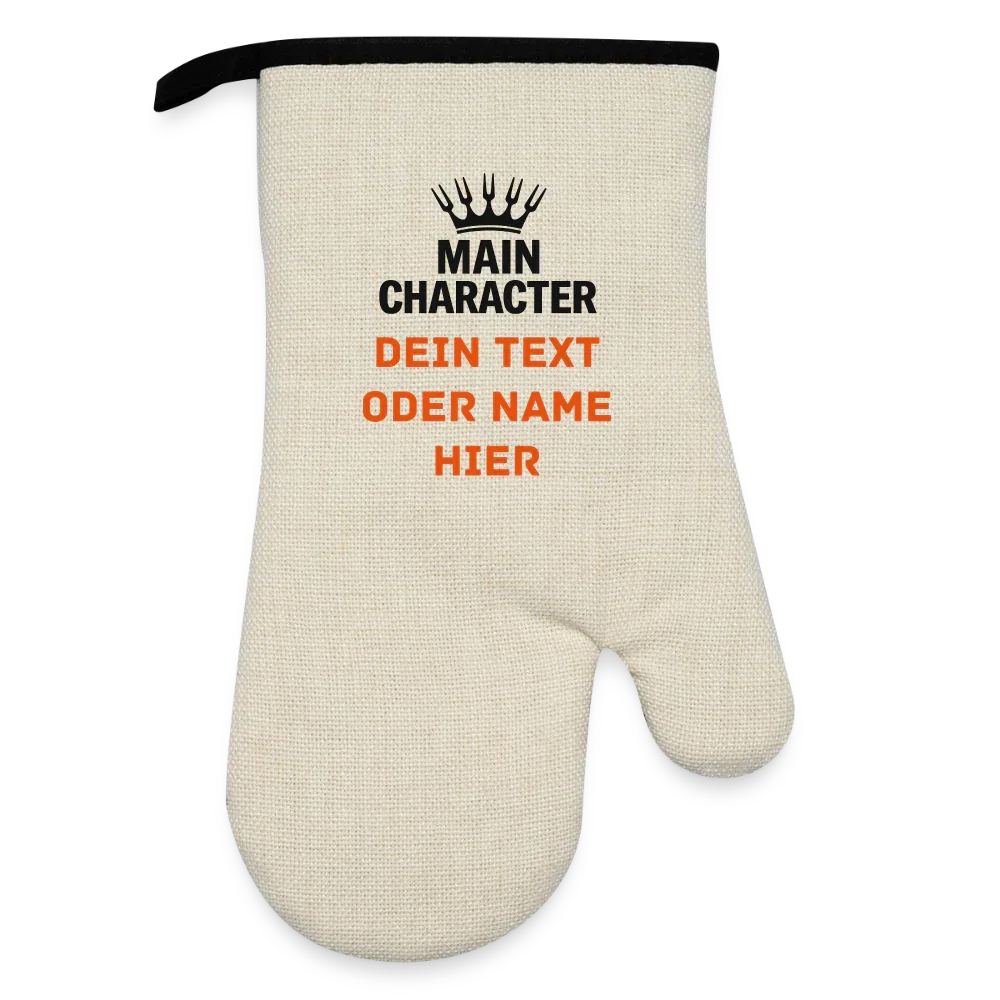 Grill- & Ofenhandschuh (hitzebeständig) mit Gummibeschichtung "Main Character" - personalisierbarer Name oder Text - Leinen/Schwarz 