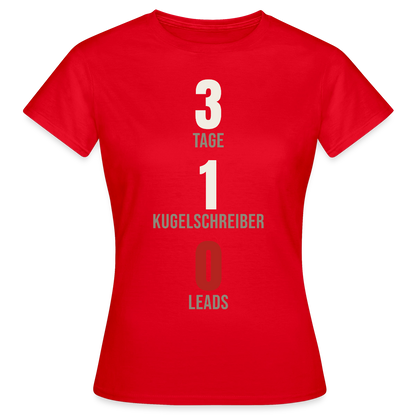 3 Tage. 1 Kugelschreiber. 0 Leads. Motiv-T-Shirt für Frauen, Farbe Rot