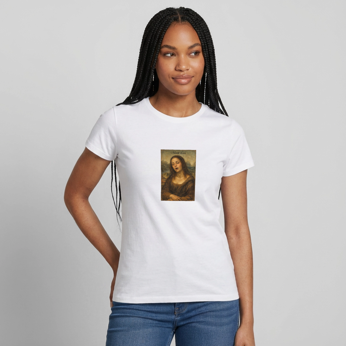 Moan Lisa Motiv-T-Shirt für Frauen, Farbe Weiß, Model