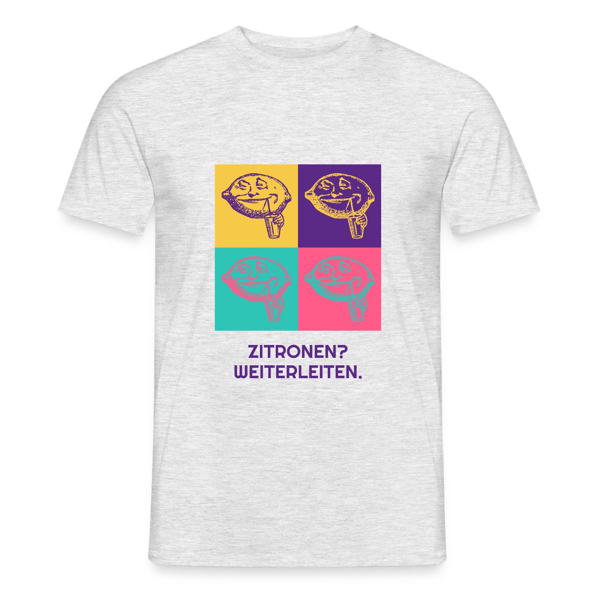 Zitronen? Weiterleiten. Pop-Art-Motiv Motiv-T-Shirt für Männer, Farbe Grau meliert