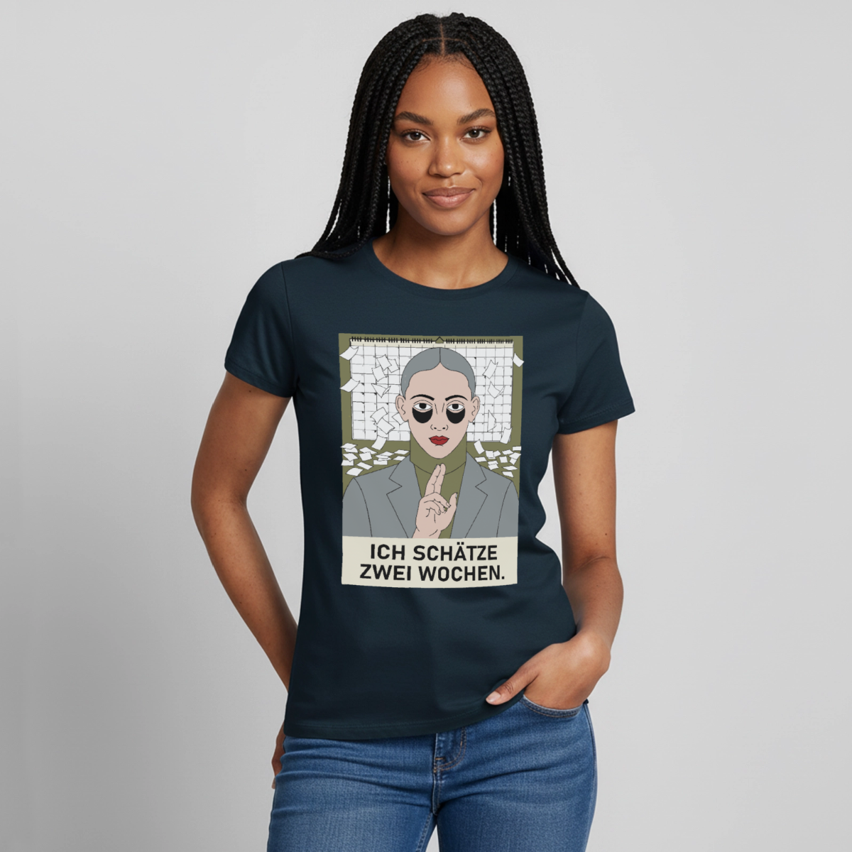 Ich schätze zwei Wochen. Porträt-Motiv Motiv-T-Shirt für Frauen, Farbe Navy, Model