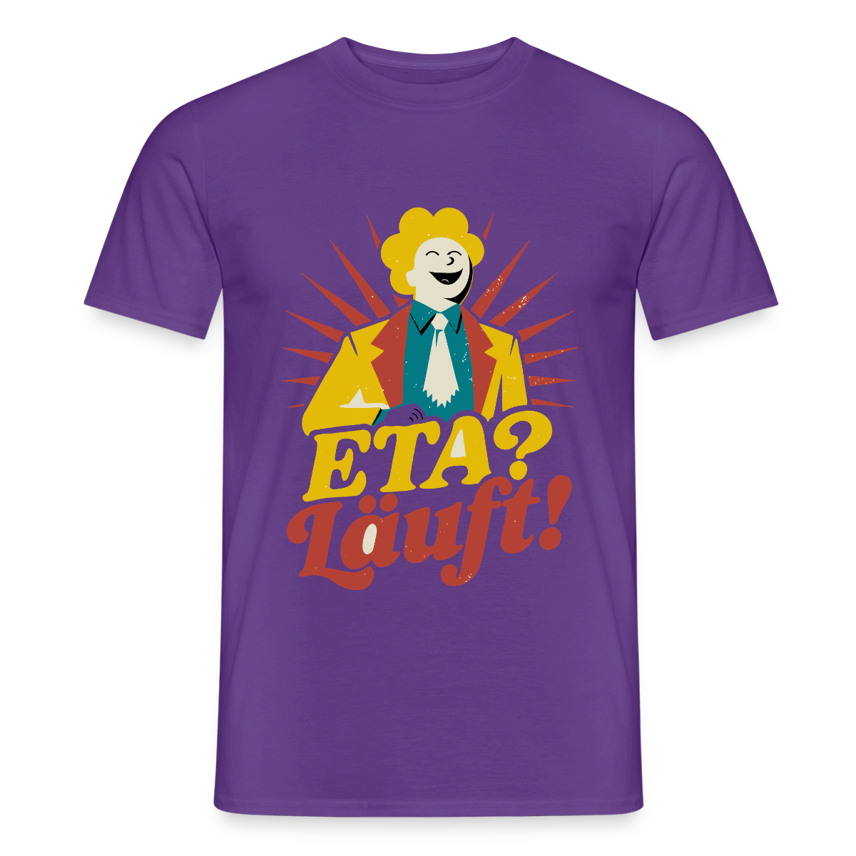 "ETA? Läuft! Midcentury-Motiv" Motiv-T-Shirt für Männer, Farbe Lila