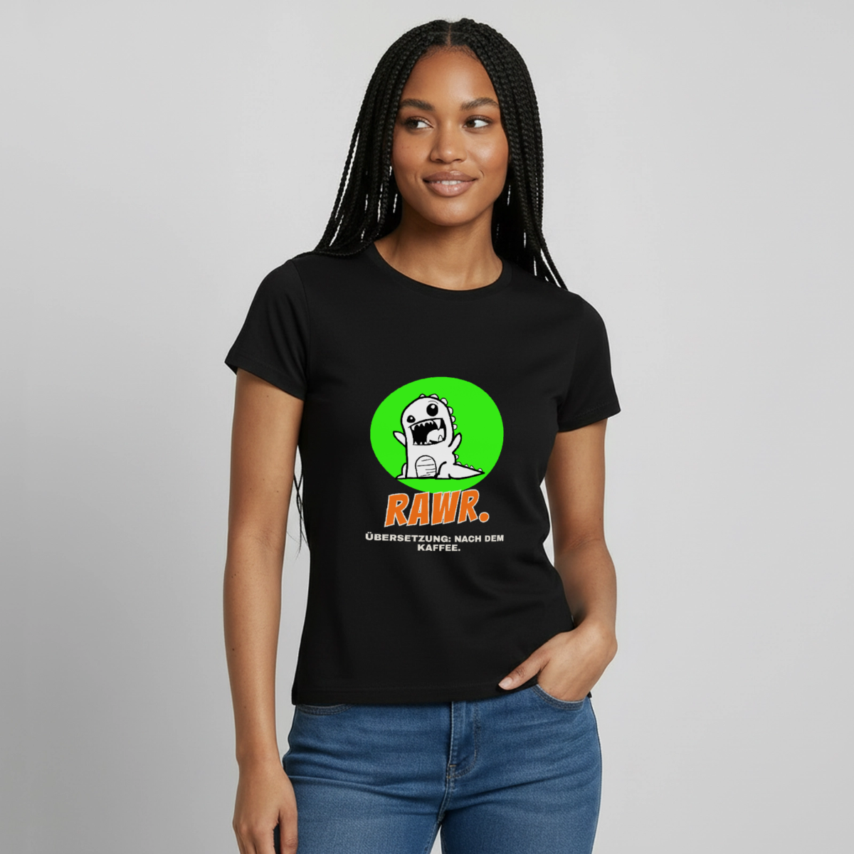 "Rawr. Übersetzung: nach dem Kaffee. Sticker-Motiv" Motiv-T-Shirt für Frauen, Farbe Schwarz