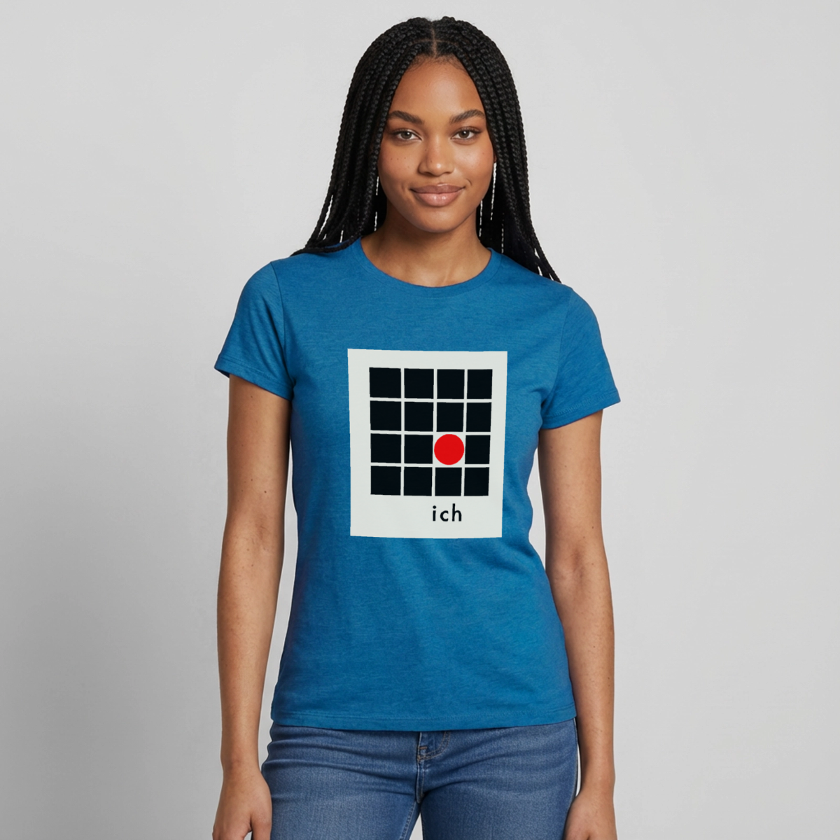 Ich bin die Ausnahme. Motiv-T-Shirt für Frauen, Farbe Antikblaues Saphir meliert, Model