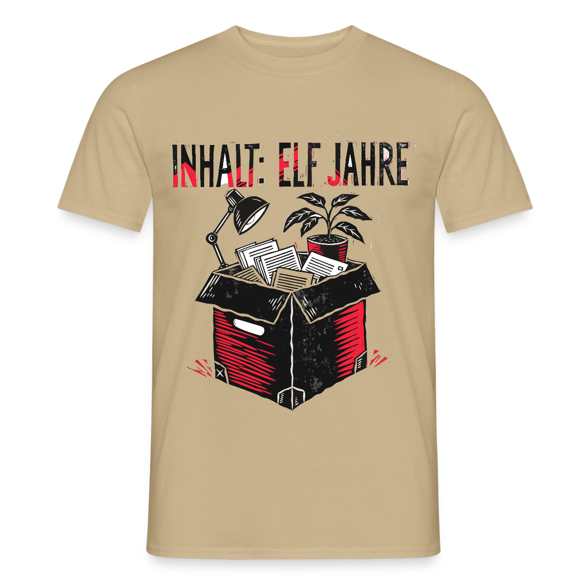 "Inhalt: elf Jahre. Linolschnitt-Motiv" Motiv-T-Shirt für Männer, Farbe Sandbeige