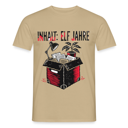 "Inhalt: elf Jahre. Linolschnitt-Motiv" Motiv-T-Shirt für Männer, Farbe Sandbeige