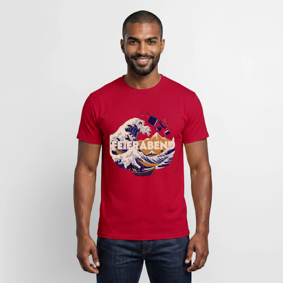 "Feierabend. Ukiyo-e-Motiv" Motiv-T-Shirt für Männer, Farbe Rot