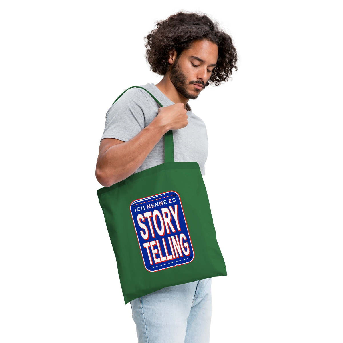 Ich nenne es Storytelling. Stoffbeutel, Farbe Fichte, Model