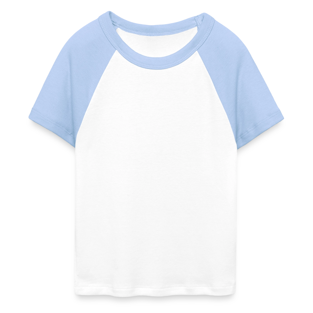 Frauen Cropped Baseball T-Shirt - personalisierbare Vorder- und Rückseite - Weiß/Hellblau