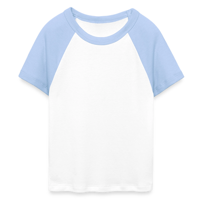 Frauen Cropped Baseball T-Shirt - personalisierbare Vorder- und Rückseite - Weiß/Hellblau