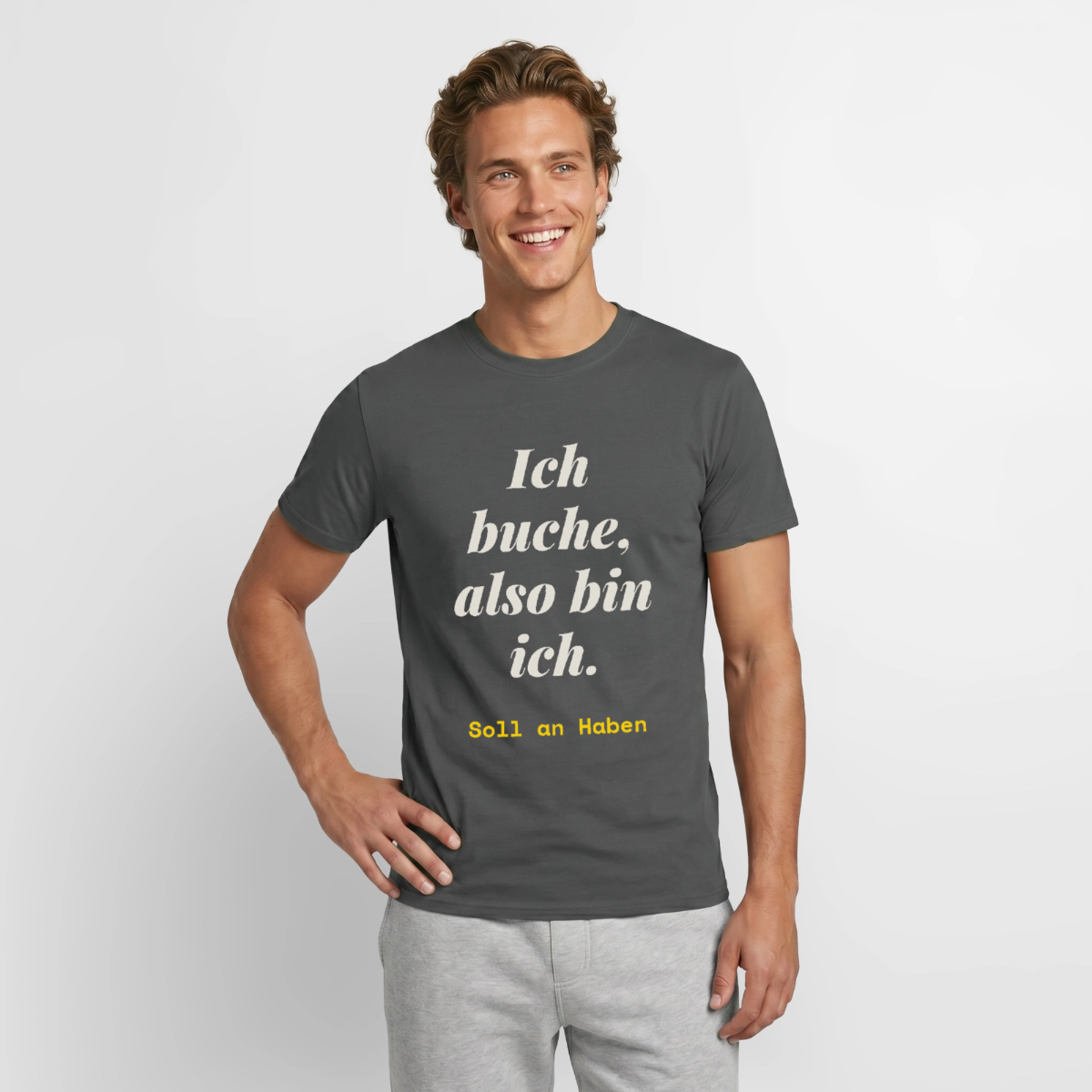 "Ich buche, also bin ich." Motiv-T-Shirt für Männer, Farbe Anthrazit
