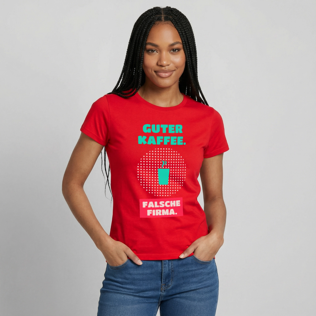 "Guter Kaffee. Falsche Firma." Motiv-T-Shirt für Frauen, Farbe Rot